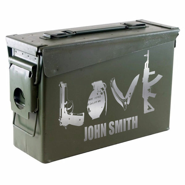 Father’s Day gift, LOVE Personalized Engraved Ammo Can Storage Box Custom, Love spelled out with Armaments, Groomsman Gift, Perfect Gift for Dad (30 Cal)