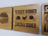 Video Game inspired bamboo coasters, set of 4 w/ caddie, Gift for him, Best friend gift, Home decor